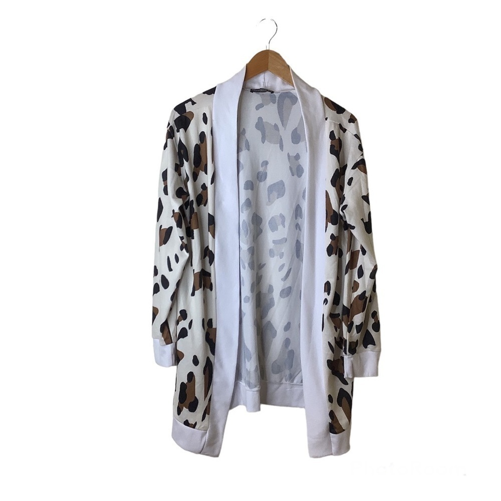 Floral Blooming Womens Cardigan Sz L Open Cocoon Front Animal Print 3/4 Sleeve